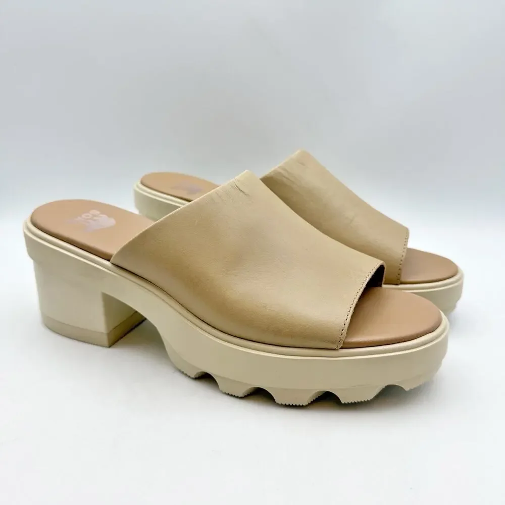 Sorel Womens Joanie Heel Slide Sandal US 7.5 EU 38.5 Beige Tan Leather EUC